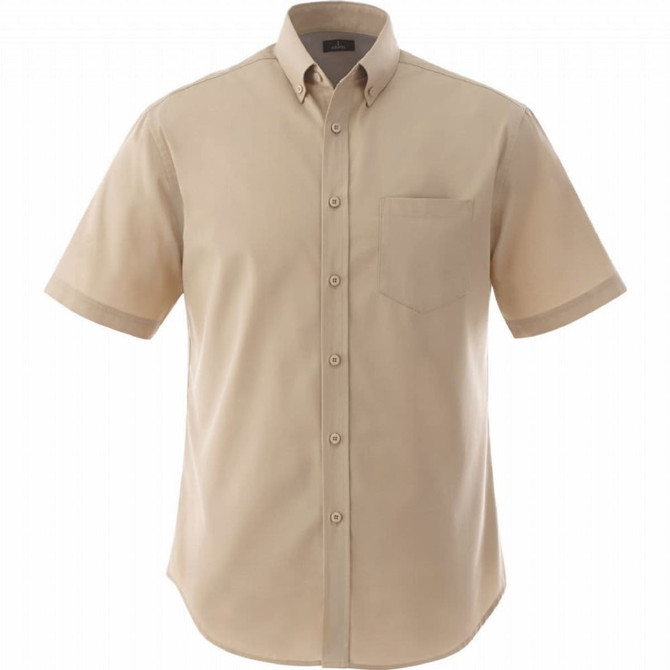 A short sleeve button-up shirt in a light beige colour with a chest pocket and a logo.