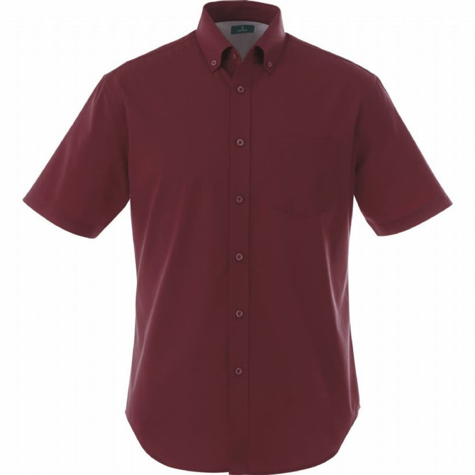 A maroon short sleeve button-up shirt for men, featuring a single chest pocket and branding.