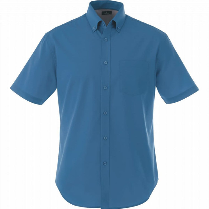 A short-sleeved men's button-up shirt in a vibrant blue colour, featuring a single chest pocket and a logo.