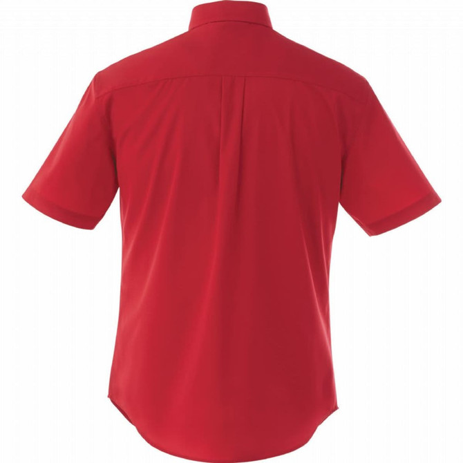 A red short sleeve button-up shirt with a plain back design and a logo on the collar.