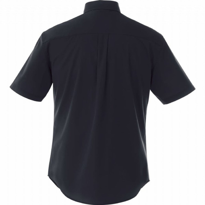 A black short sleeve button-up shirt for men, featuring a back yoke and logo branding.