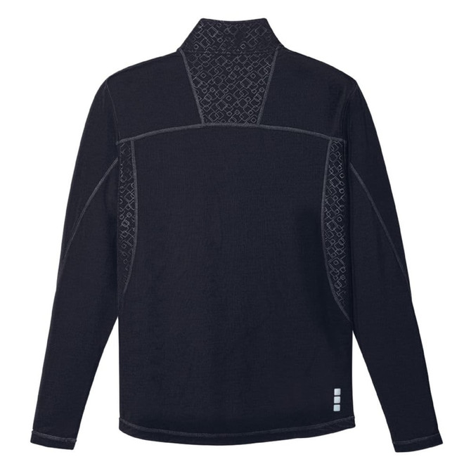 A black men's jumper with a quarter zip and patterned detailing on the back, featuring a logo.