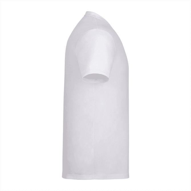 A white short sleeve T-shirt for men with a simple design and a logo on the side.