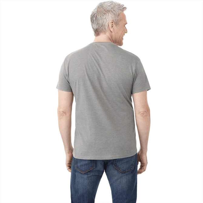 A grey short sleeve men's t-shirt displayed on a model from the back, paired with blue jeans. The t-shirt has a logo.
