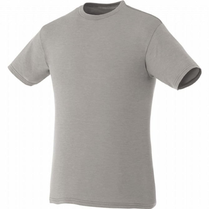 A light grey short sleeve men's t-shirt with a crew neckline and a small logo.