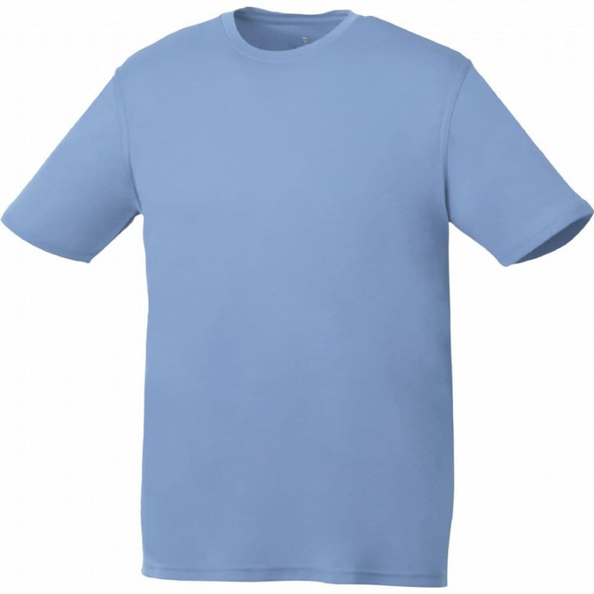 A light blue short sleeve tech tee for men, featuring a simple design and a logo.