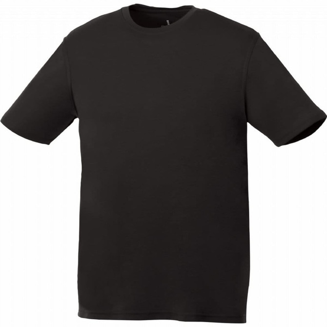 A black short sleeve tech tee for men with a simple design and a small logo on the front.