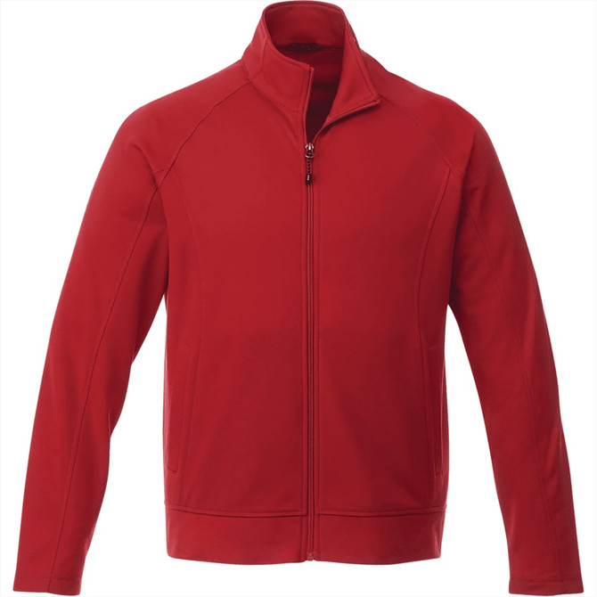 A red knit jacket with a zip front and a collar, featuring a logo on the chest.
