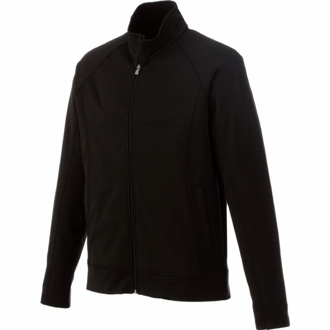 A black knit jacket with a high collar and zip front, featuring side pockets and a sleek design.
