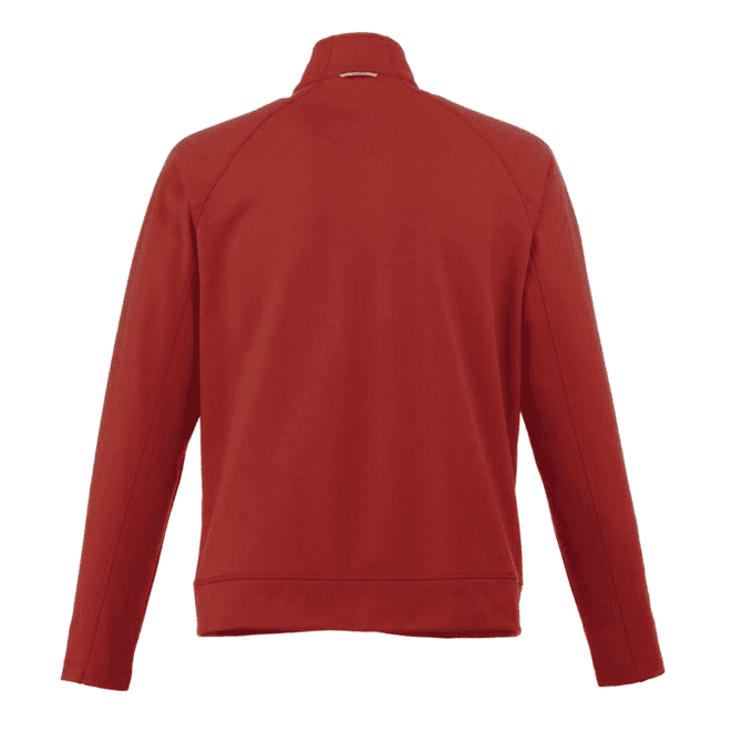 A red men's knit jacket with a high collar and long sleeves, featuring a logo on the back.