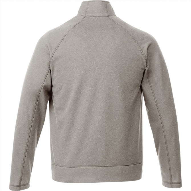 A men's knit jacket in a light grey colour, featuring a high collar and a plain back design. It has a branding logo.