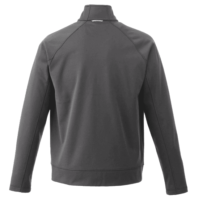 A men's knit jacket in dark grey, featuring a high collar and a logo on the back.