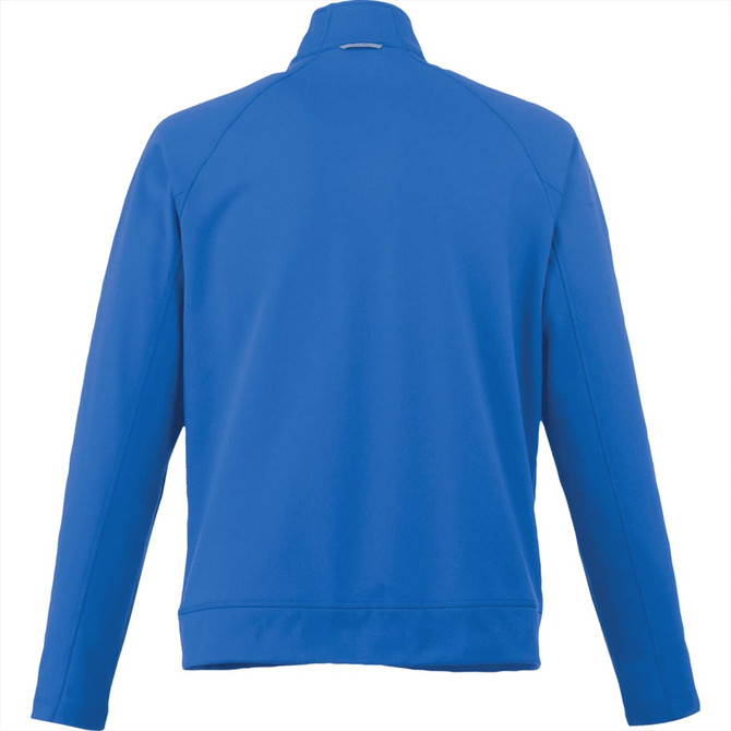 A blue men's knit jacket with a high collar, featuring a logo on the back.