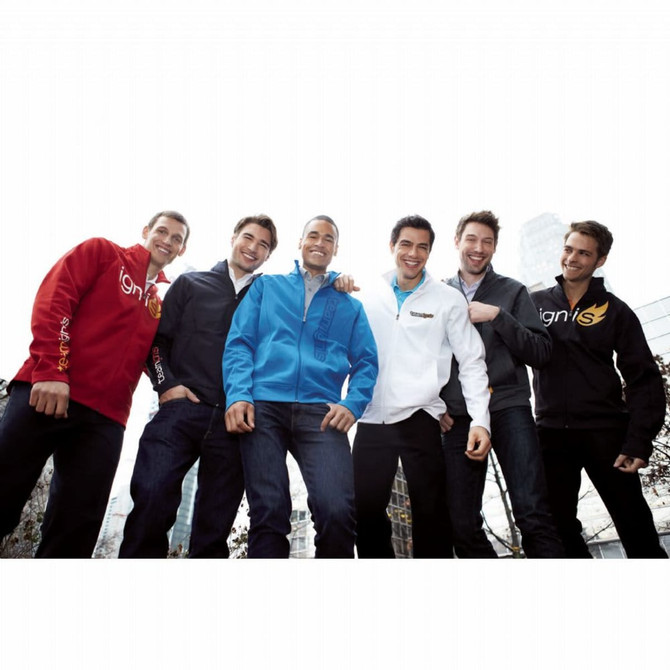 A group of men wearing various coloured jackets, including red, blue, white, and black. Each jacket features a logo.
