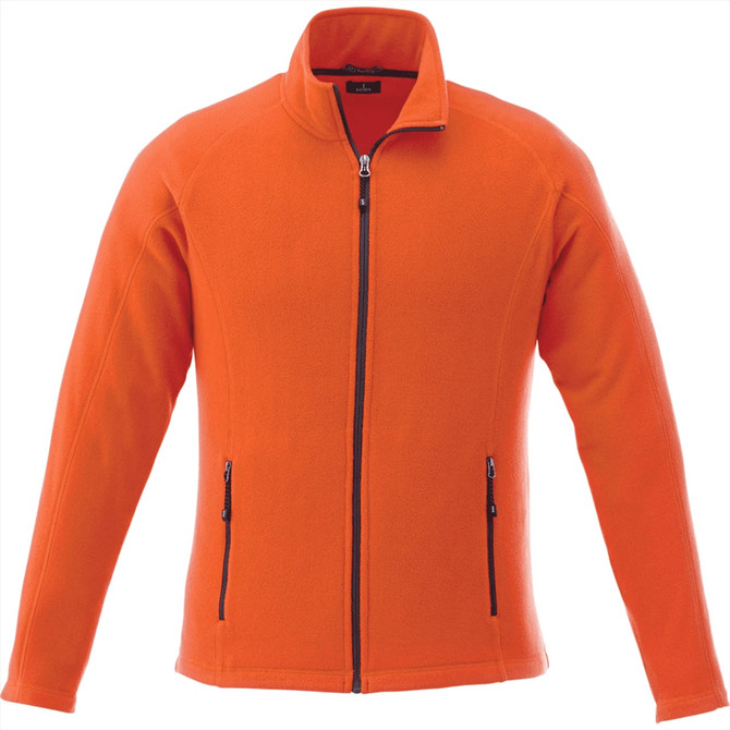 An orange polyfleece jacket featuring a full zip and two zippered front pockets. It has a collar and long sleeves.