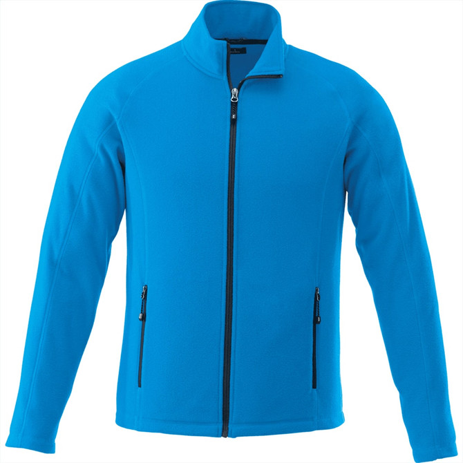 A bright blue men's polyfleece jacket featuring a zip front and two side pockets. It has a subtle logo.
