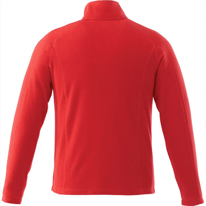A red men's polyfleece jacket with a high collar, featuring a branding logo on the back.