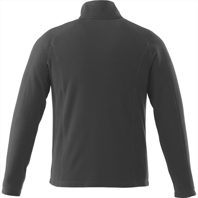 A plain black polar fleece jacket with a high collar and long sleeves, featuring a logo on the back.