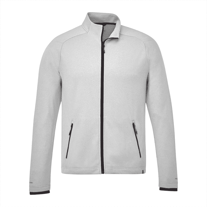 A light grey men's jacket with a zip front, zip pockets, and contrasting black detailing. Features a logo.