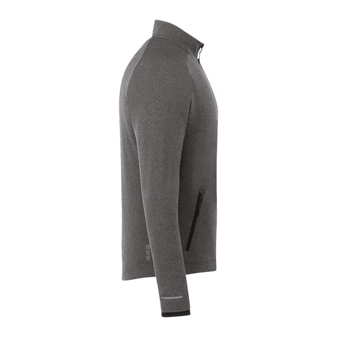 A grey men's jacket featuring a zip front, high collar, and a logo, with side pockets for storage.