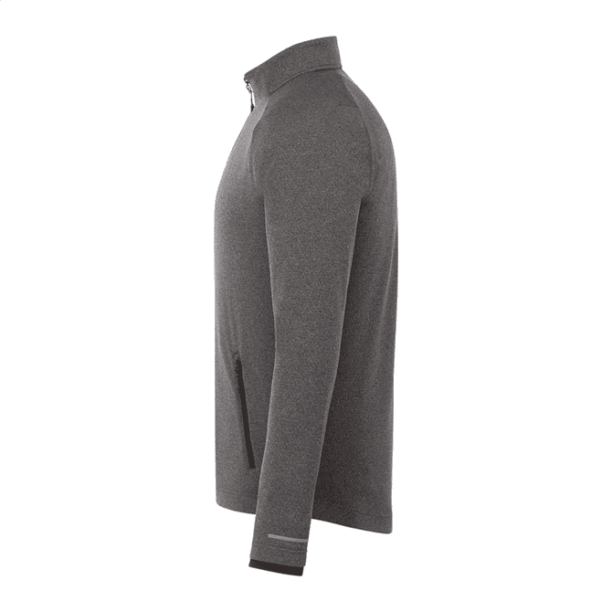 A grey eco-friendly knit jacket for men featuring a zip collar and side pockets. It has a simple logo on it.