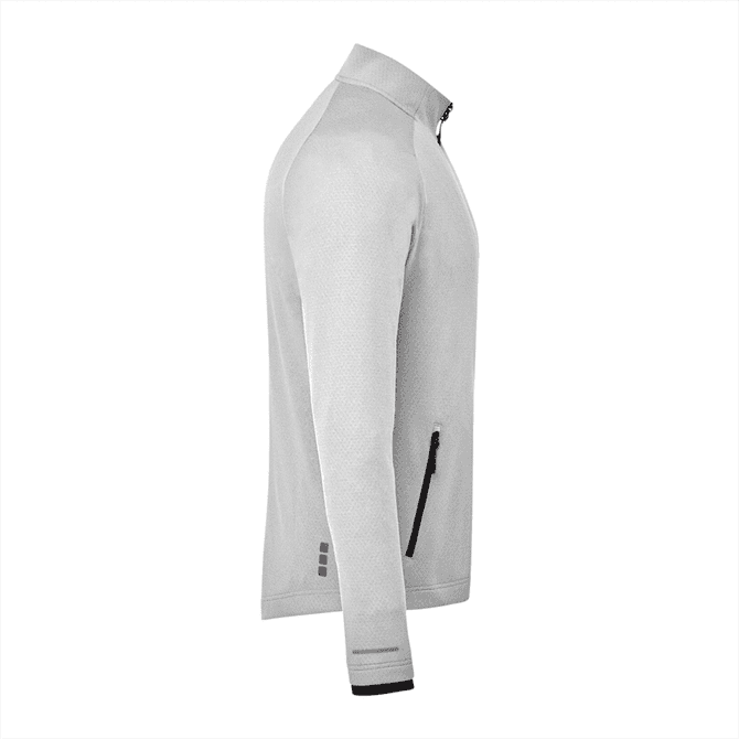 A grey men's eco-knit jacket with a high collar and a zippered pocket on the side. Features a logo.
