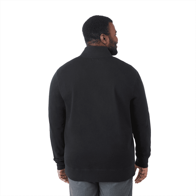 A black eco fleece full zip jacket for men, featuring a simple design and a logo on the back.