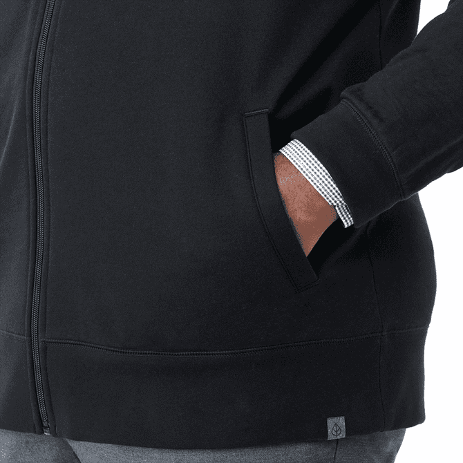 A black eco fleece full zip jacket for men, featuring side pockets and a contrasting inner cuff design.