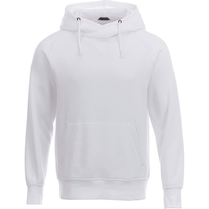 A white fleece hoodie featuring a front pocket and a drawstring hood. Includes a logo on the chest area.