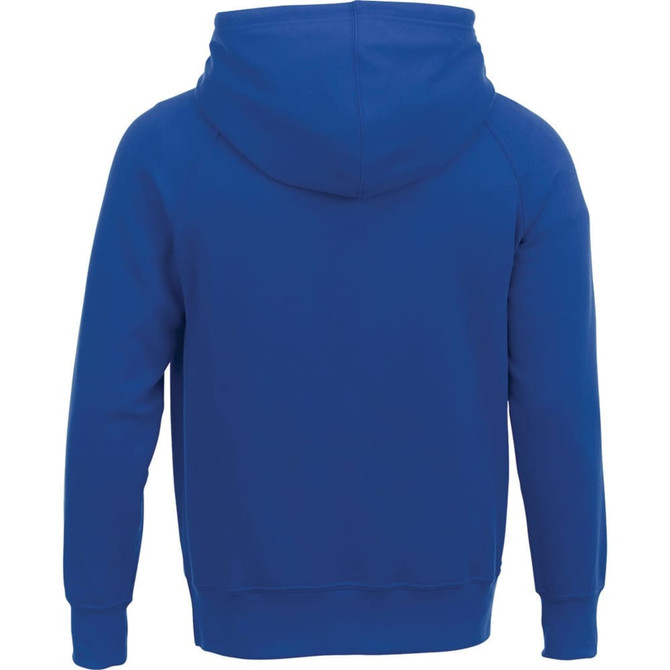 A blue men's hoodie featuring a hood and a simple design. It includes a logo on one side.