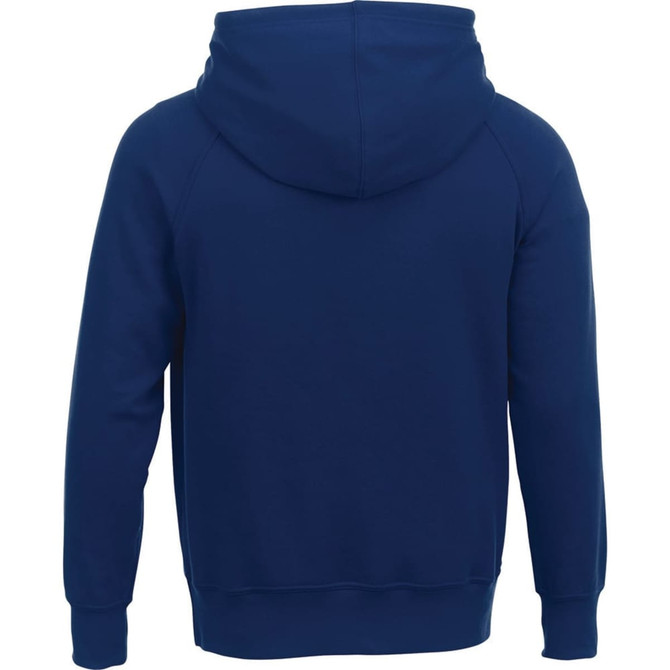 A navy blue fleece hoodie featuring a spacious hood and a plain design, with a logo on one side.