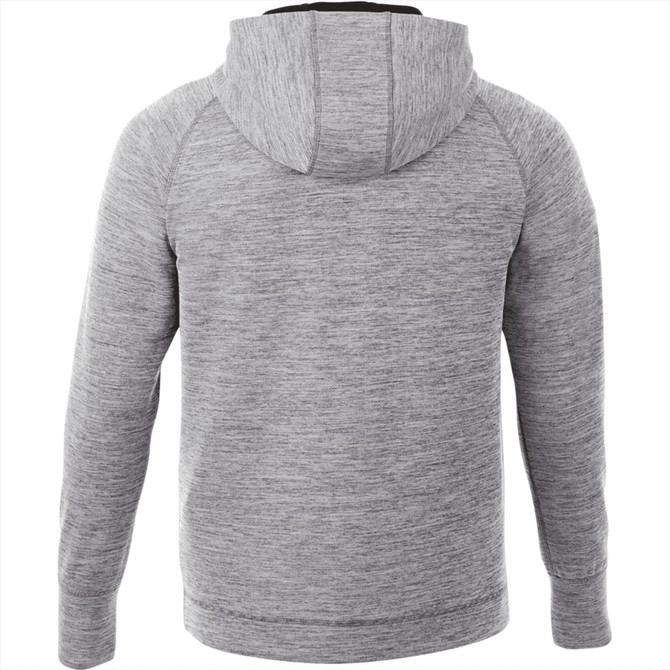 A grey knitted zip hoodie for men featuring a hood and a simple design. It includes a logo on the garment.