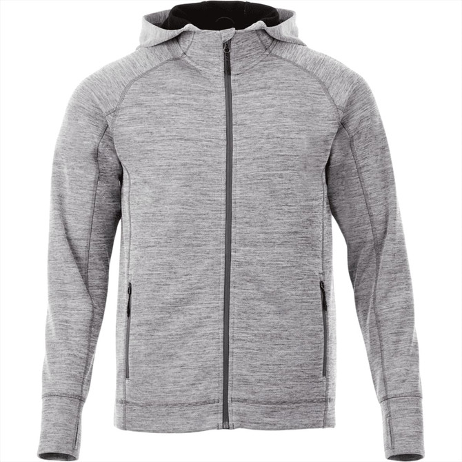 A grey zip-up hoodie featuring a hood and zippered pockets, designed for men's wear.