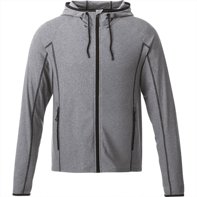 A grey knit jacket with a hood, featuring zippered pockets and a logo.