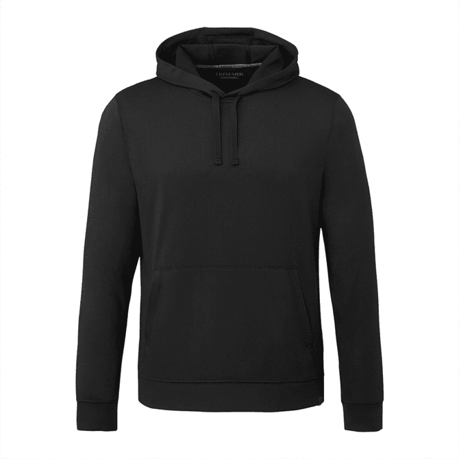 A black eco knit hoodie featuring a front pocket and an adjustable drawstring hood. It includes a logo.