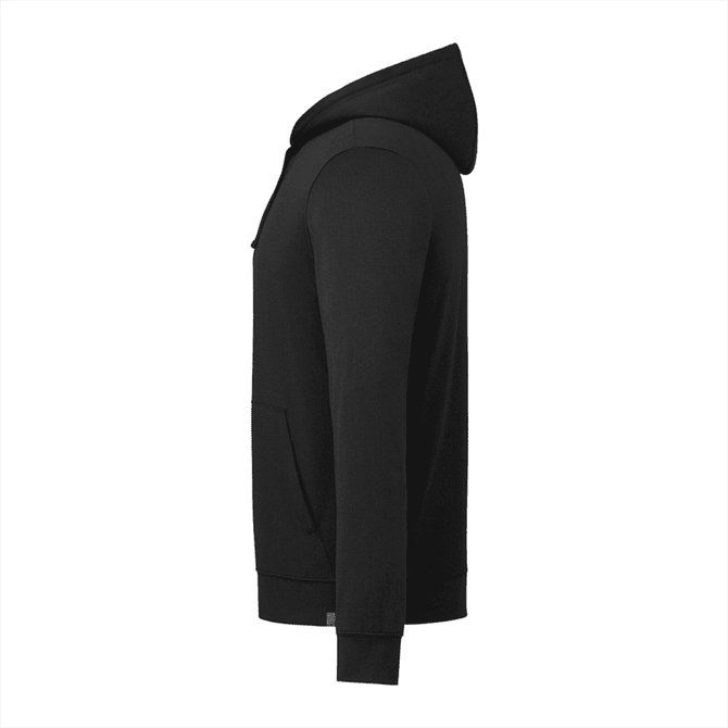 A black men's Lavar Eco Knit hoody with a kangaroo pocket and a hood, featuring a logo on the front.