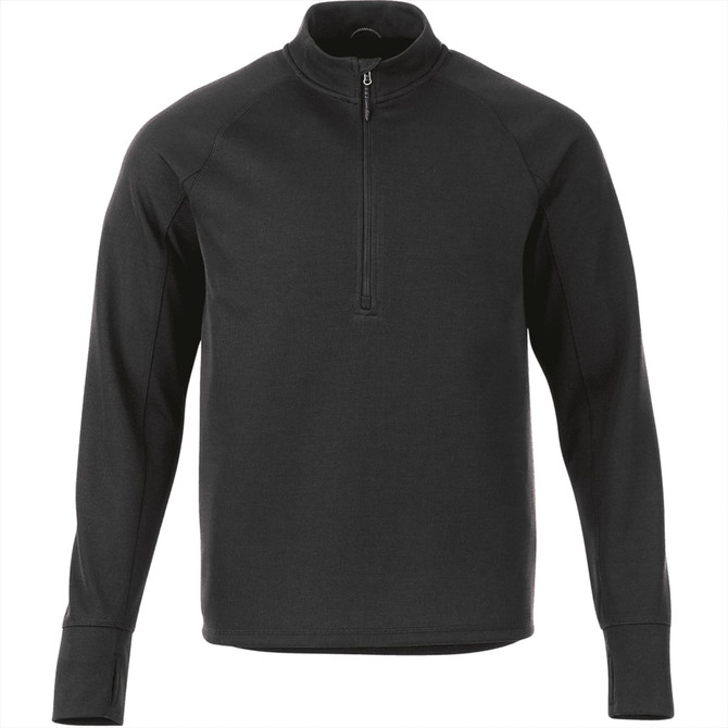 A black men's knitted half-zip jumper with long sleeves and a collar. It features a logo on the chest.