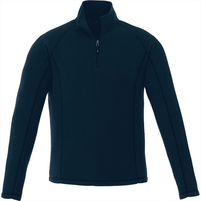A men's quarter zip polar fleece jumper in dark navy, featuring a front zip and long sleeves. It has a logo.