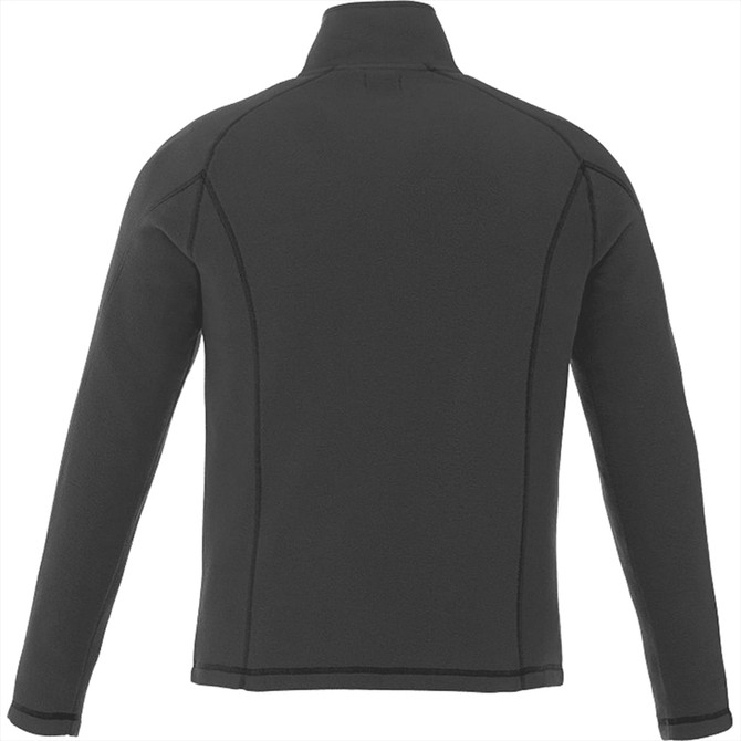 A men's black polar fleece jumper with a quarter zip and a simple design, featuring a logo on the back.