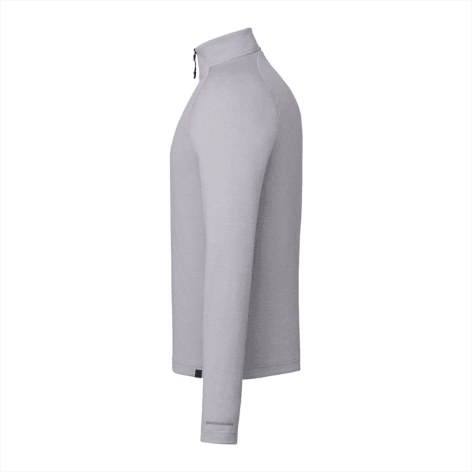 A light grey quarter zip jacket with long sleeves and a fitted design, featuring a logo on the fabric.