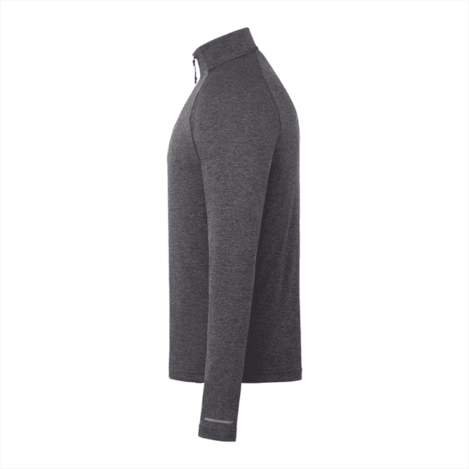A grey quarter zip jacket for men with long sleeves and a stand-up collar, featuring a logo.