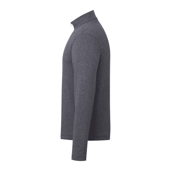 A grey quarter zip jacket for men, featuring long sleeves and a fitted design, with a logo on the chest.