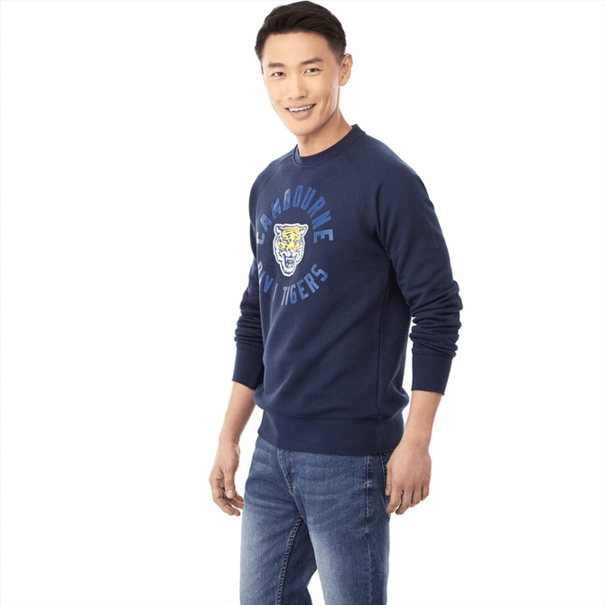 A navy blue fleece crew jumper for men featuring a logo on the front, paired with denim jeans.