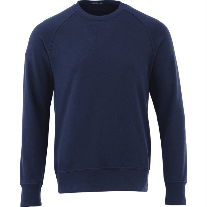 A navy blue men's fleece crew jumper with a comfortable fit and raglan sleeves. It features a logo on the design.