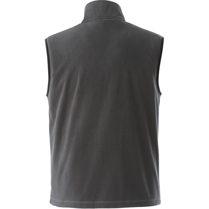 A men’s polyfleece vest in dark grey, featuring a high collar and a logo on the back.