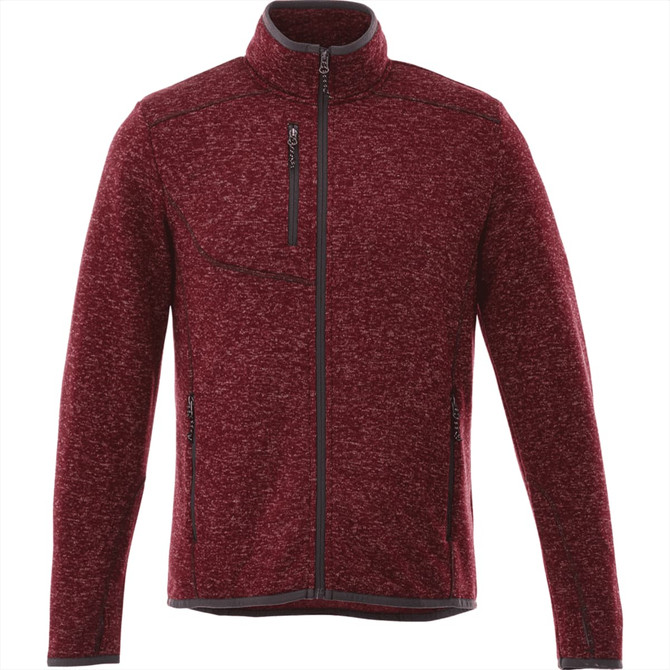 A men's knit jacket in a deep red colour, featuring a zip front, stand-up collar, and a chest pocket with a zipper.