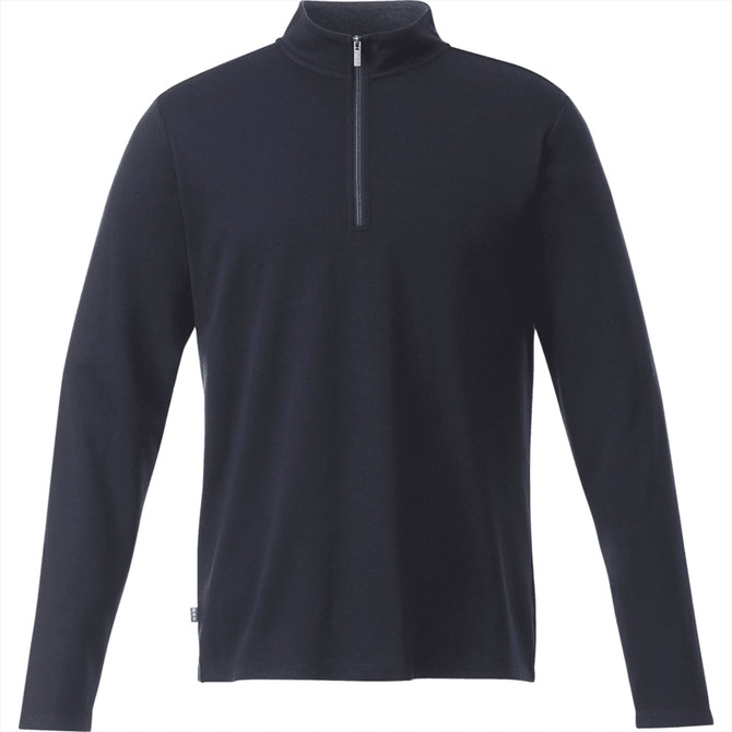 A navy quarter zip jumper with long sleeves, featuring a subtle logo on the side.