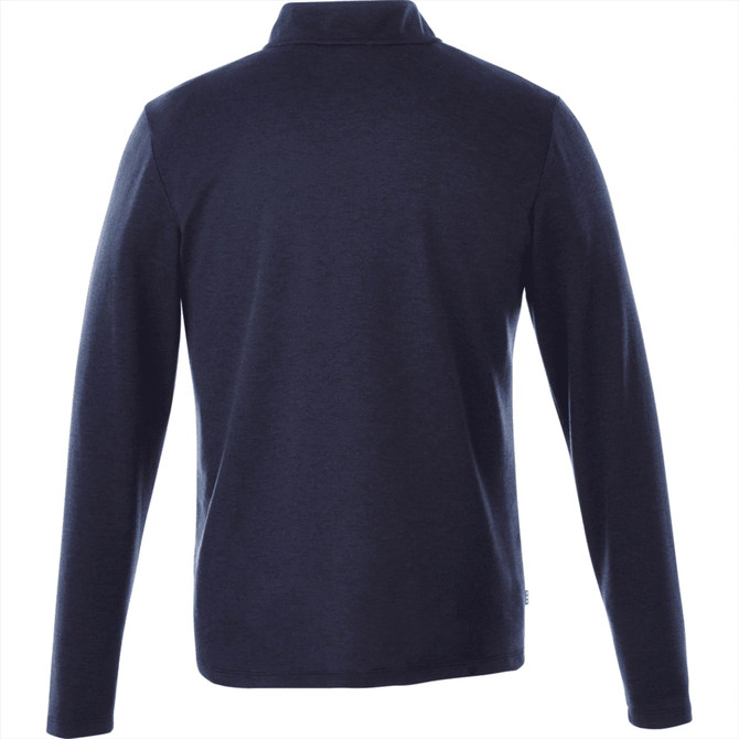 A navy blue men's knit quarter zip jumper with long sleeves and a collar, featuring a branding logo.