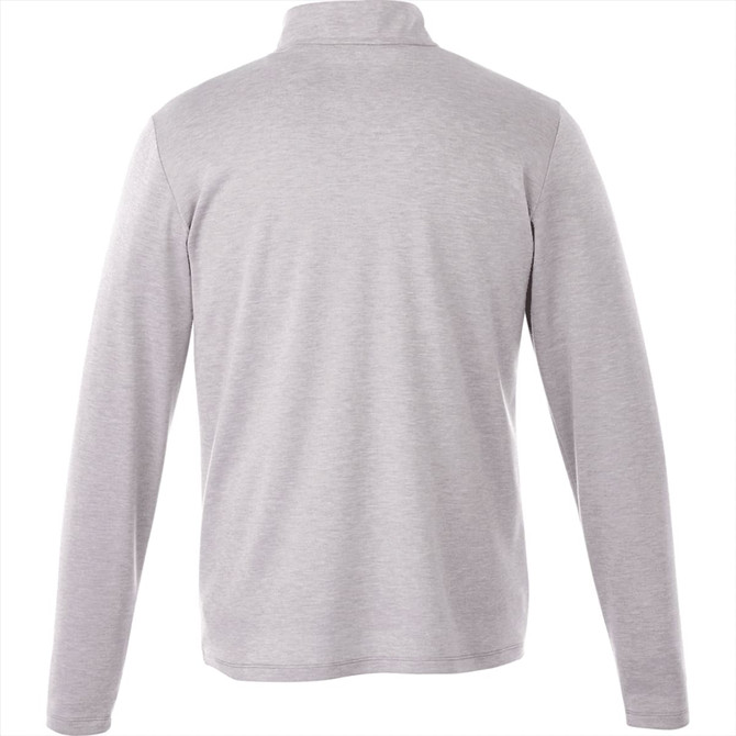 A grey knit quarter zip jumper for men, featuring a smooth fabric and long sleeves. It has a logo on the back.