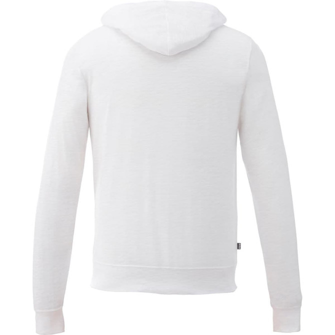 A white full zip hoodie with a hood, featuring a logo on the side. The fabric has a textured appearance.